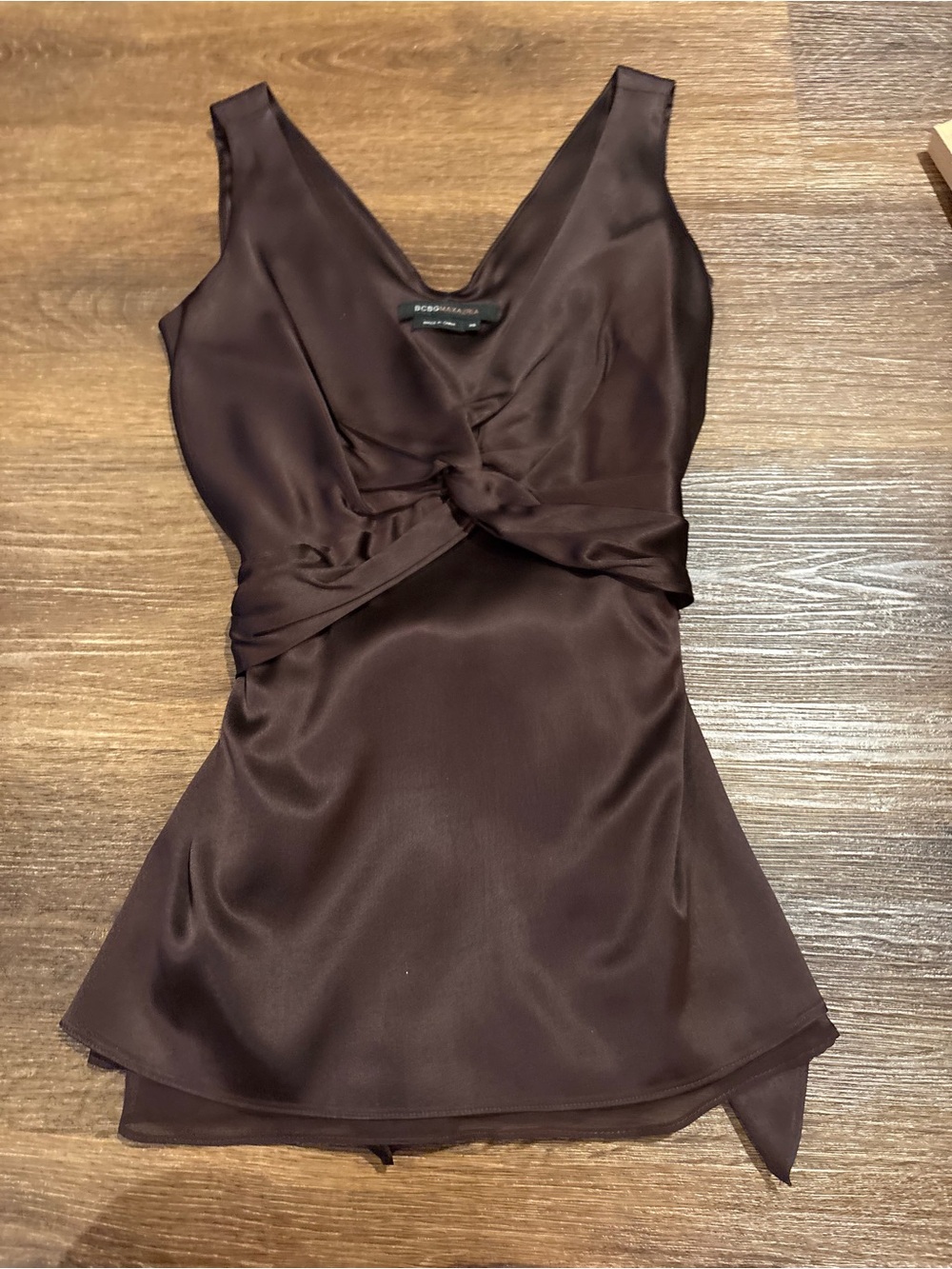 BCBGMaxAzria Chocolate Brown Satin Twist-Front Top